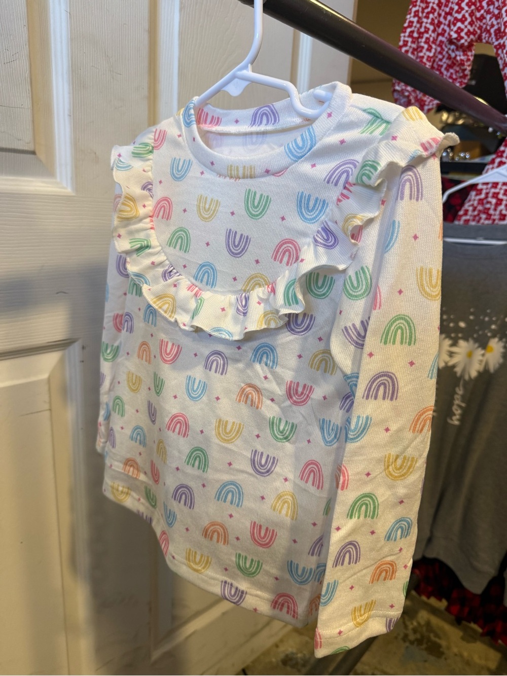 White Long-Sleeve Top with Pastel Rainbow Print and Ruffle with Matching Pants